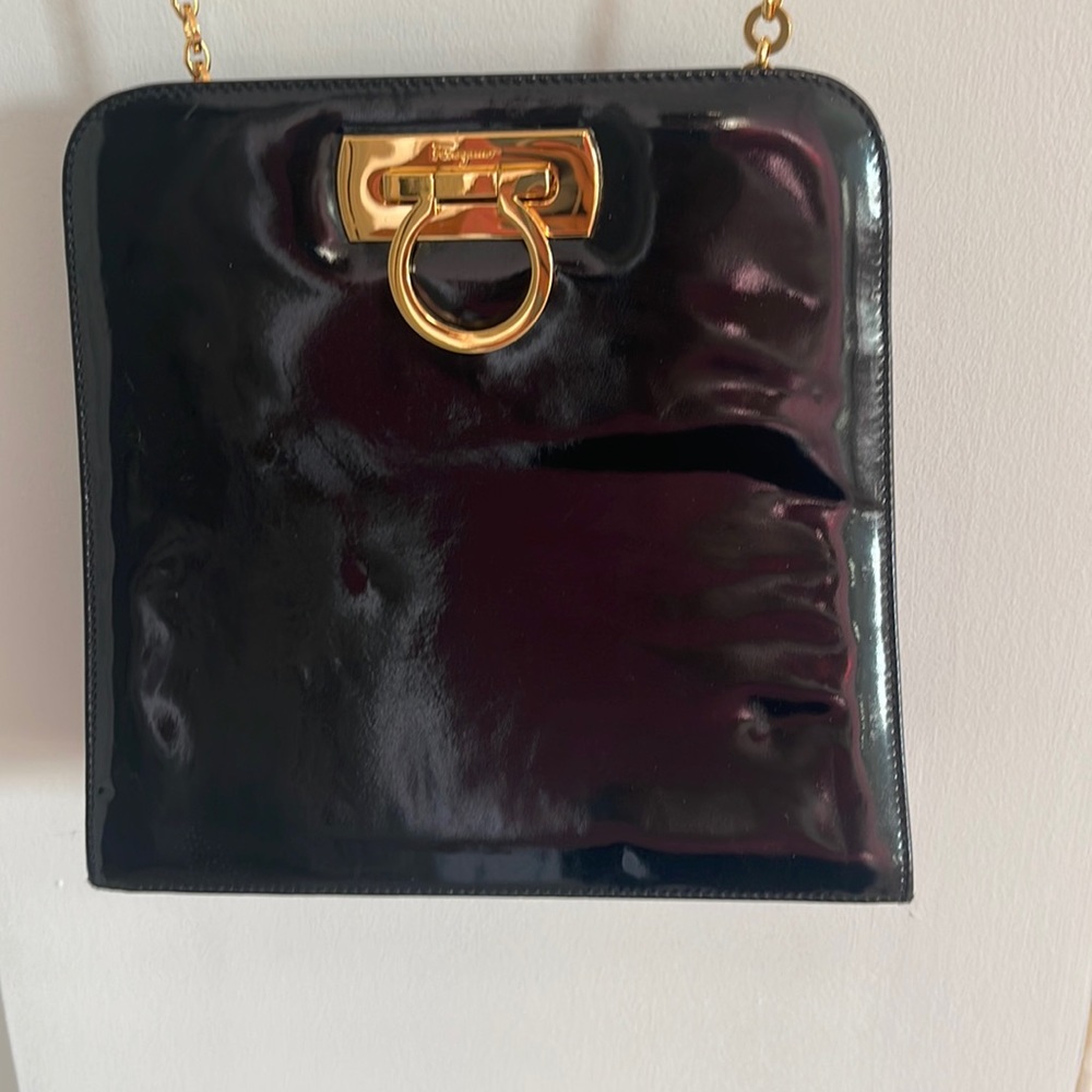 Ferragamo, vintage shoulder bag, black patent with Gold chain.